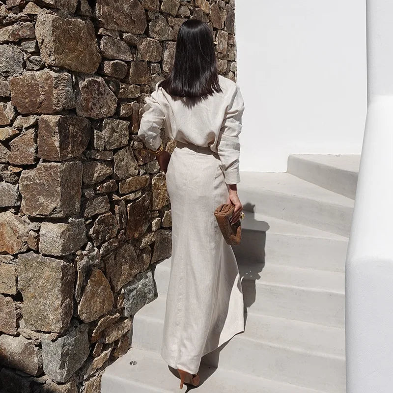 LIZAKOSHT  -  2pcs Linen T Shirt+ Long Dress Suits Office Lady Long Sleeves Elegant Dress Suits Whin Summer High Waist Loose Uniform
