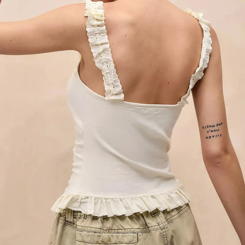 LIZAKOSHT  -  Lace Button Up Suspender Lace Vest For Women Summer Low Neck Sexy Slim Fit Waist Cinching Backless Solid Color Elegant Sweet Top