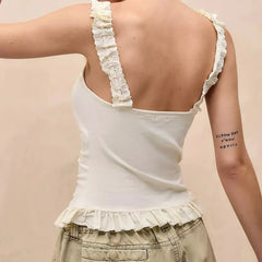 LIZAKOSHT  -  Lace Button Up Suspender Lace Vest For Women Summer Low Neck Sexy Slim Fit Waist Cinching Backless Solid Color Elegant Sweet Top