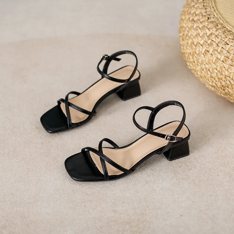 LIZAKOSHT  -  cross band high heels sandals women thick heel summer shoes solid color ankle strap gladiator sandalias de tacón