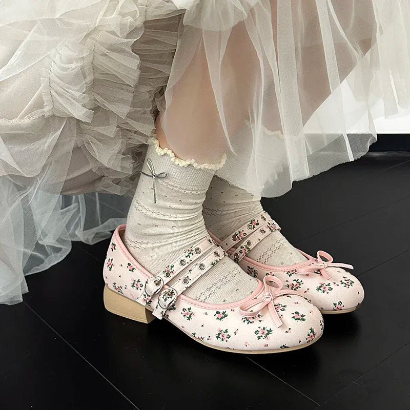 LIZAKOSHT  -  Lolita Style Sweet Low Heel Women Mary Jane Shoes Designer Buckle Strap Pumps Ladies Eelgant Floral Print Dress Leather Shoes