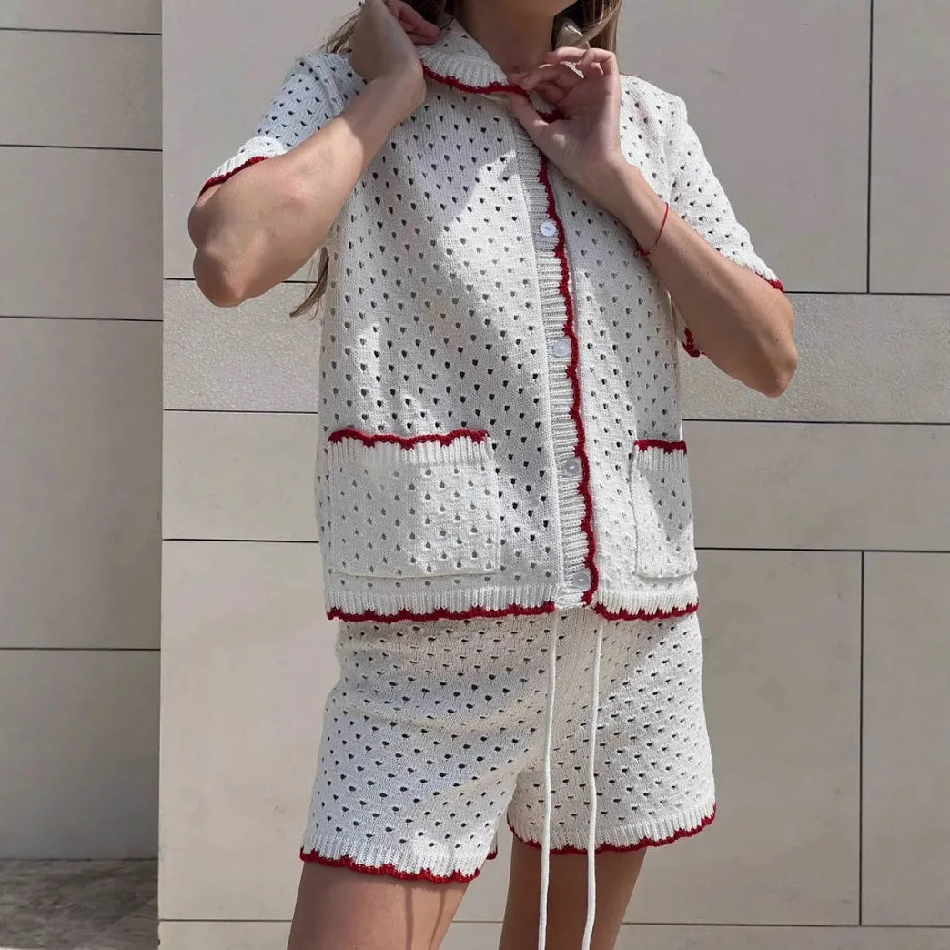 LIZAKOSHT  -  Knitted Shorts Set Fashion Casual Clashing Cardigan Top Lace Up Shorts Set Women  Vacation Sports Knitted Shorts Set