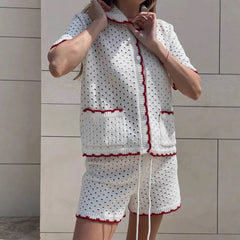 LIZAKOSHT  -  Knitted Shorts Set Fashion Casual Clashing Cardigan Top Lace Up Shorts Set Women  Vacation Sports Knitted Shorts Set