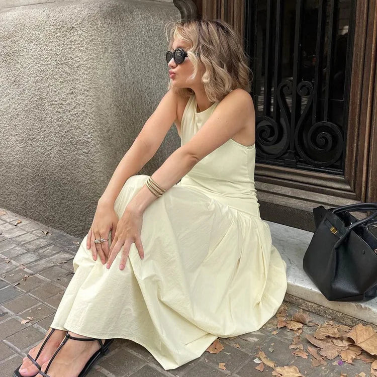 LIZAKOSHT  -  Summer New Women's French Sleeveless Round Neck Tank Top Dress Advanced Sense Slimming and Wrinkle Splicing Casual Long Dresses