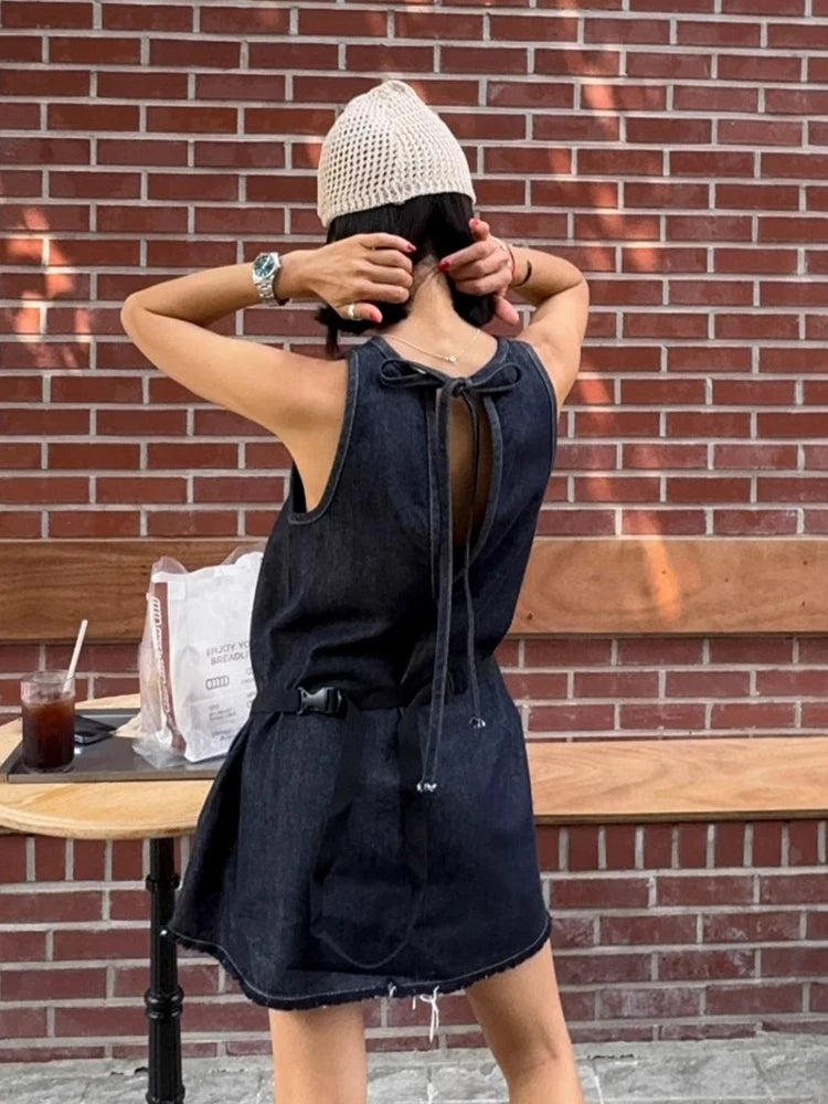 LIZAKOSHT  -  Casual Denim Vest Dress Women Korean Chic O Neck Lace Up Sleeveless Loose A-line Short Dresses Summer Fashion Vestidos
