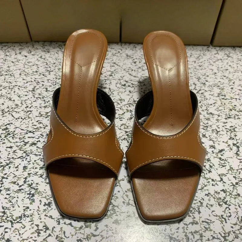 LIZAKOSHT  -  Retro Sewing Brown Women Mules Shoes Summer Casual Lightweight Open Toe Brand Stilettos Elegant Comfort Lady High Heels Sandals