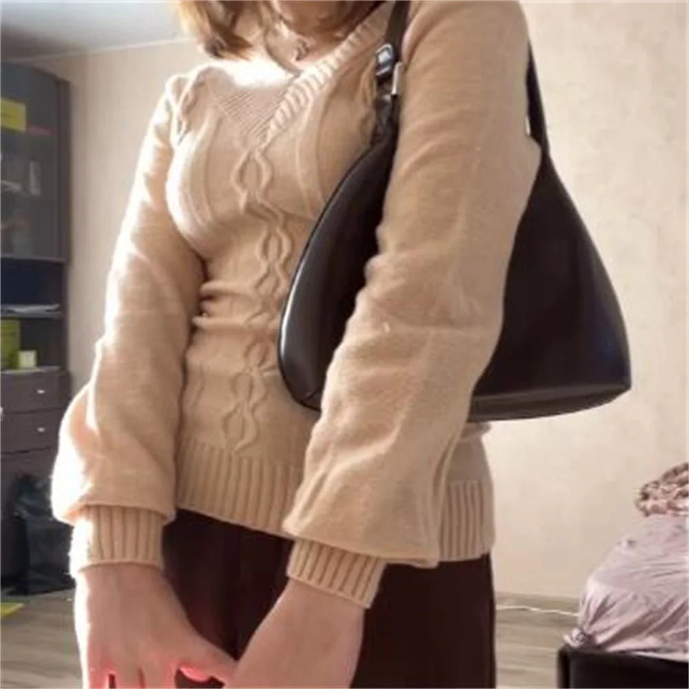 LIZAKOSHT  -   Ladies V-Neck Knitted Sweater Sweet Off Shoulder Loose Autumn Winter Outerwear Comfortable Long Sleeve Tops Grey Pullovers Tops