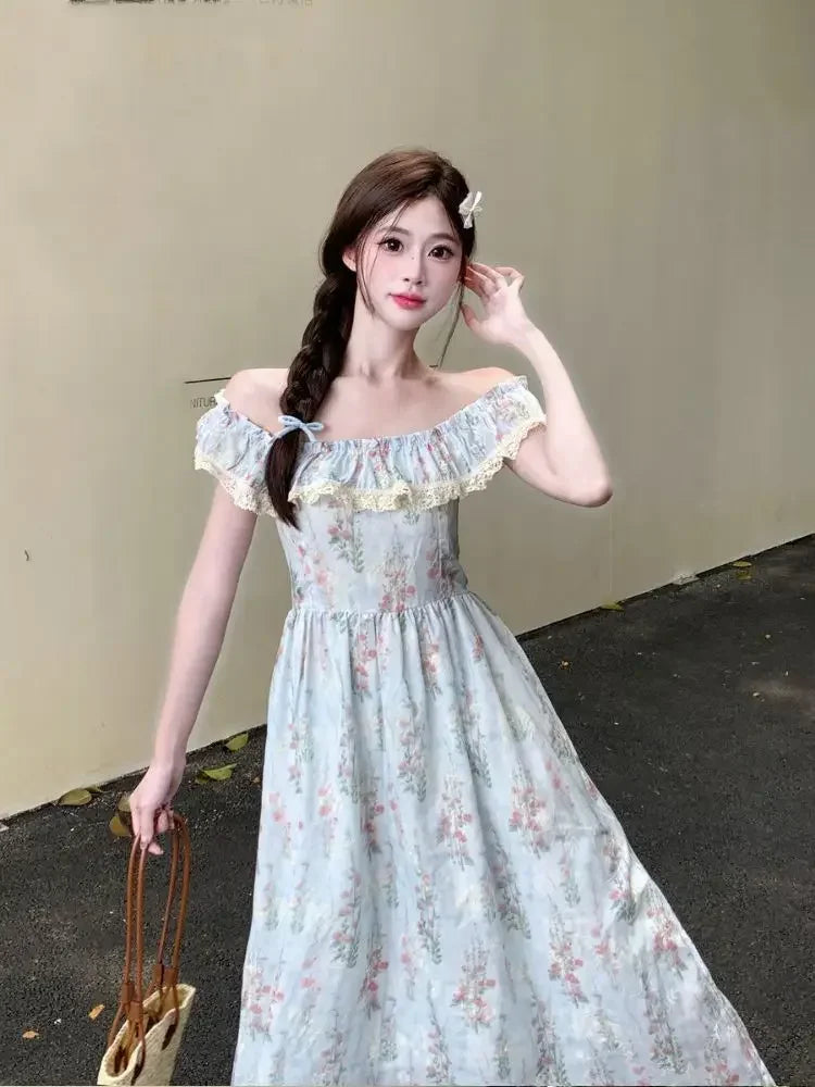 LIZAKOSHT  -  Beautiful Lace Square Neck Small Flying Sleeve Floral Dress with Temperament Waist-hugging and Slimming A-line Long Skirt