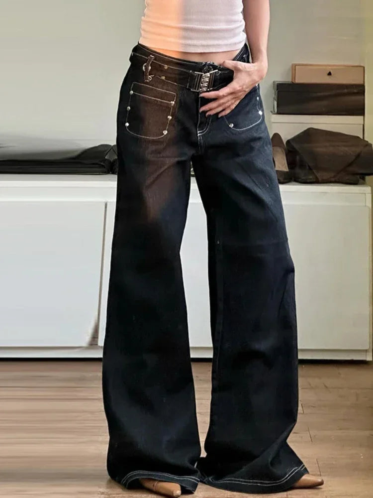 LIZAKOSHT  -  New Punk Gothic Denim Pants Women Y2K Vintage Streetwear Harajuku Y2k E-girl High Waist Wide Leg Pants Emo Alt Jeans Femme