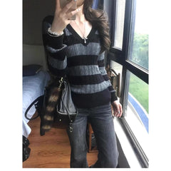 LIZAKOSHT  -  Striped Sweater Vintage Women V-neck Harajuku Slim Pullovers Casual Cable Knit Knitwear Shirt Streetwear Y2k Fall Sweater Tops