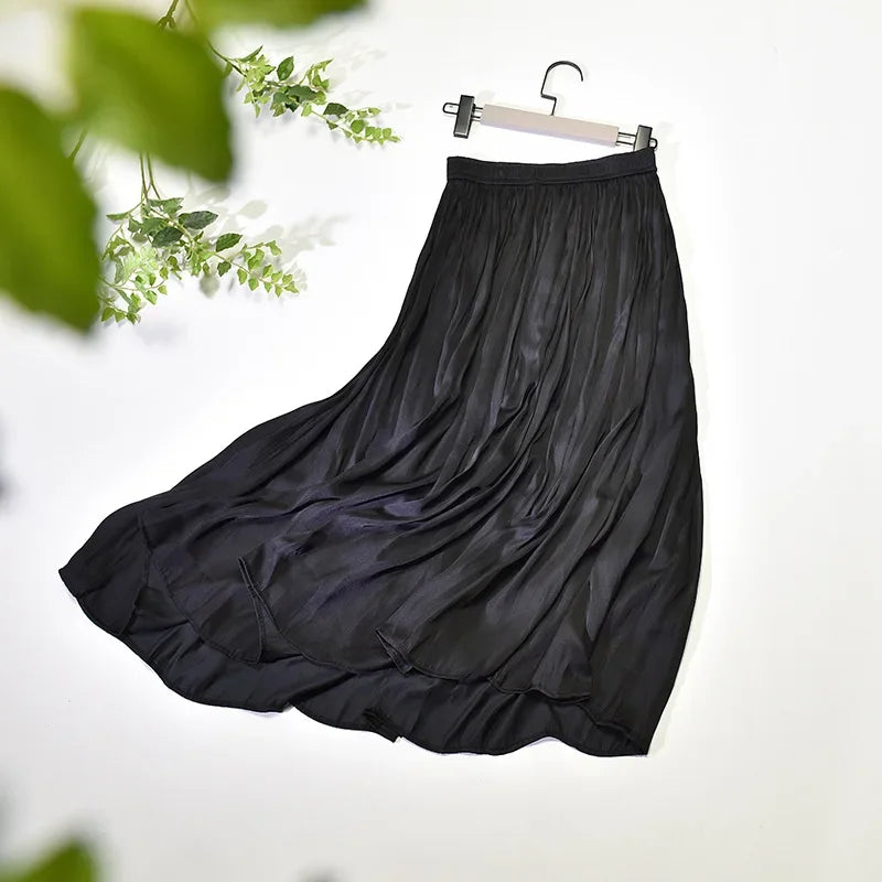 LIZAKOSHT  -  Summer Silky Elastic High Waist Glossy Silky Long Skirt Milk Silk A-line Long Skirts Women Beach Pearlescent Dress