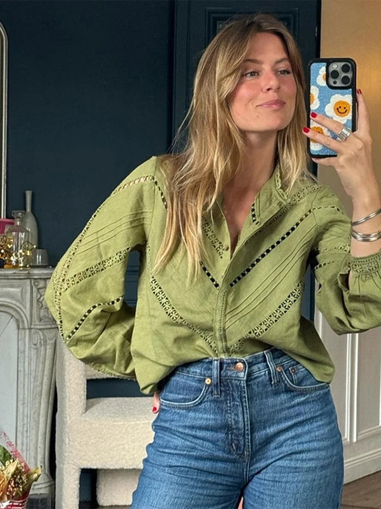 LIZAKOSHT  -  Hollow Out Green Long Skirt Set Embroidered Long Sleeved Shirt Single Breasted Elegant Half Body Fishtail Skirt Women's Clothing