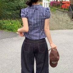 LIZAKOSHT -  Retro Blue Checkered Short Sleeved Waist Up Shirt for Women with Bubble Sleeves and A Lapel Top