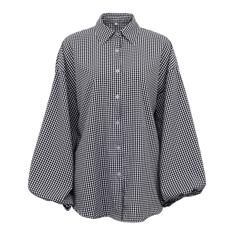 LIZAKOSHT  -  Spring Autumn New Plaid Shirt Women Blouse Turn-down Collar Lantern Sleeve Career OL Shirt Top Checker 49902