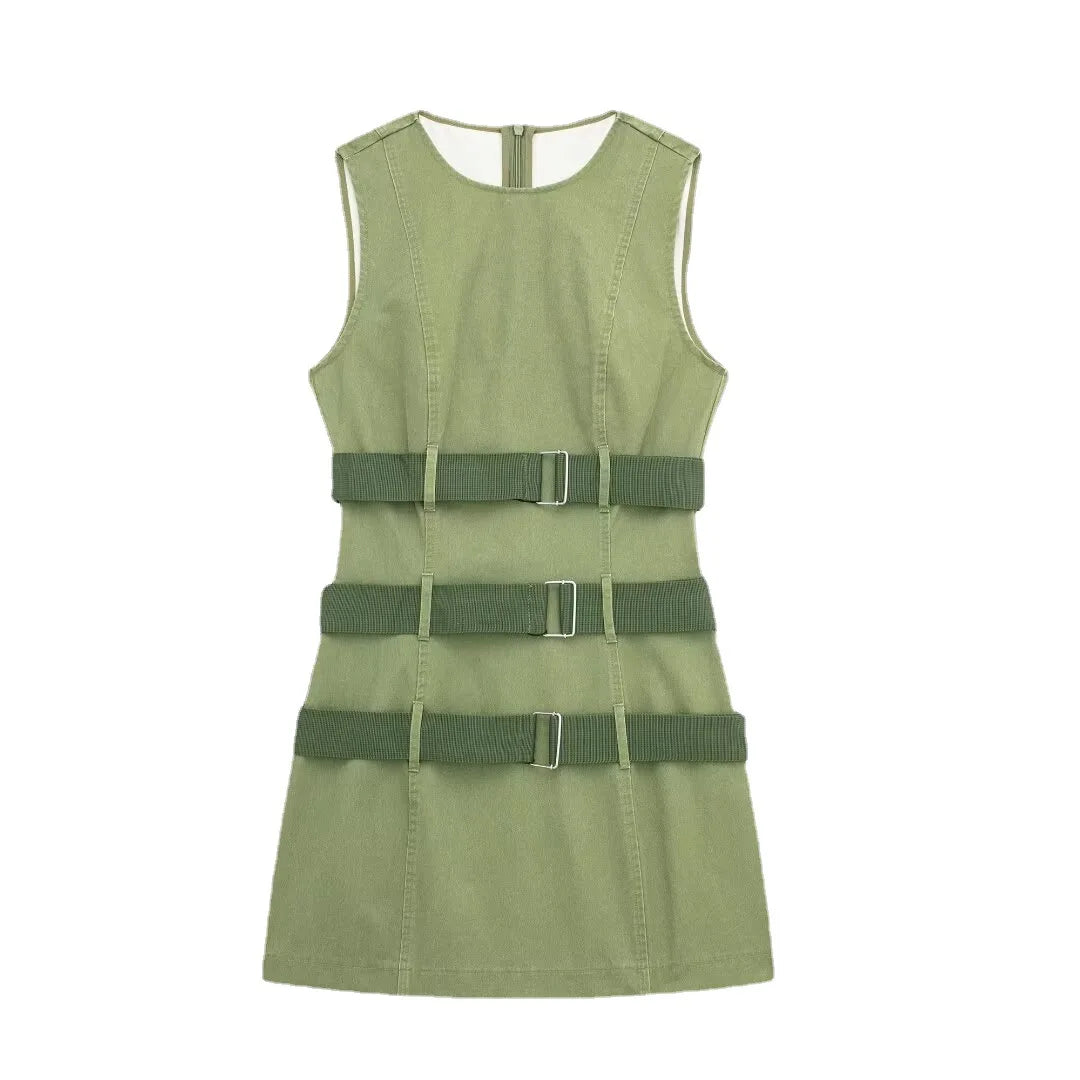 LIZAKOSHT  -  Europe and America Wind Spring New Round Neck Leisure Green Fashion with Belt Sleeveless Tooling Vest Skirt Dress