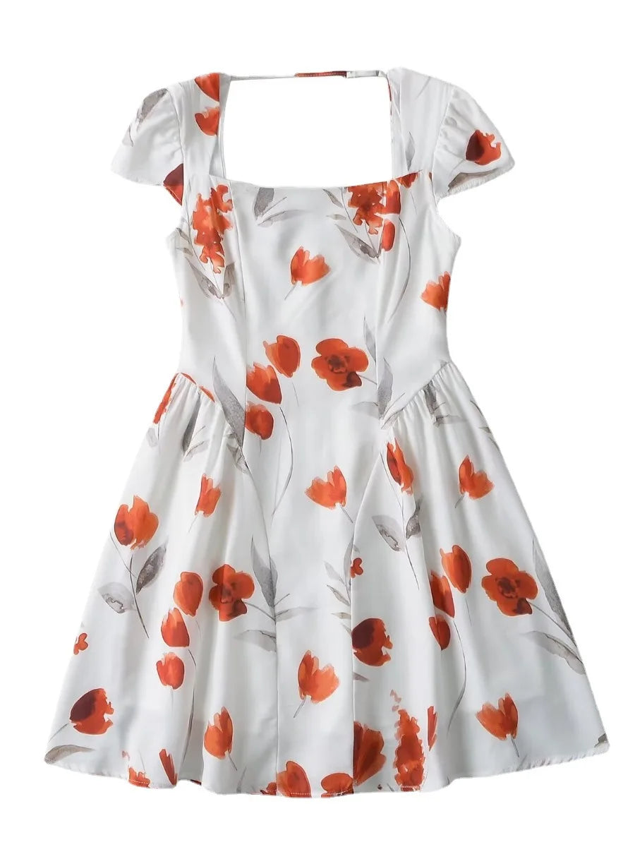 LIZAKOSHT  -  Summer New Flower Printed Square Collar High Waist Slim Dress Short Skirt