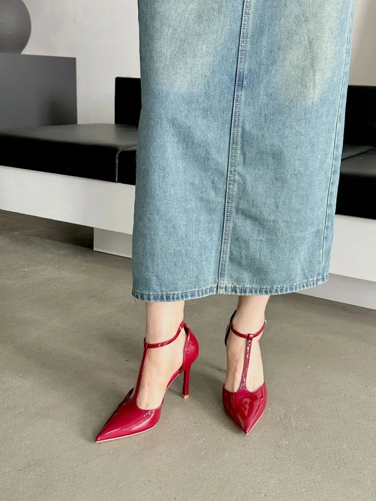 LIZAKOSHT  -  Sexy Red High Heels Women Pointed Toe Party Dress Shoes T-Strap Patent Leather Elegant Slingback Thin Heels Female Sandals Women