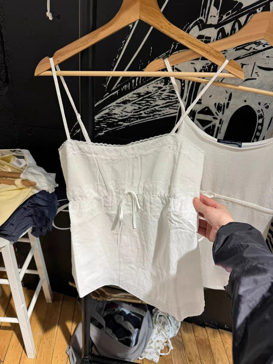 LIZAKOSHT  -  Lace Trim Drawstring Slim Tank Top for Woman Summer Strapless Cotton Camisole Female White Simple Sweet Preppy Style Vest New