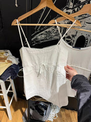 LIZAKOSHT  -  Lace Trim Drawstring Slim Tank Top for Woman Summer Strapless Cotton Camisole Female White Simple Sweet Preppy Style Vest New
