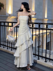 LIZAKOSHT  -  Women Spring Summer French Spaghetti Strap Long Dresses Elegant Female Slim Chic Party  Prom Robe  Fashion One Piece Clothing