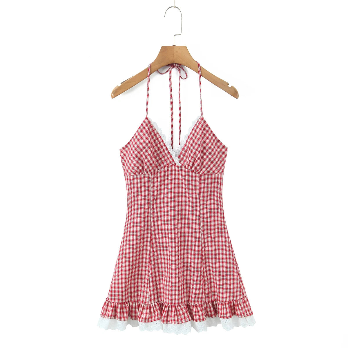 LIZAKOSHT  -  Sexy Red White Plaid Spliced Lace Lacing Up Bow Halter V Collar Mini Dress Women Ruffles Hem A-line Short Dresses Robe Vestidos