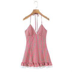 LIZAKOSHT  -  Sexy Red White Plaid Spliced Lace Lacing Up Bow Halter V Collar Mini Dress Women Ruffles Hem A-line Short Dresses Robe Vestidos
