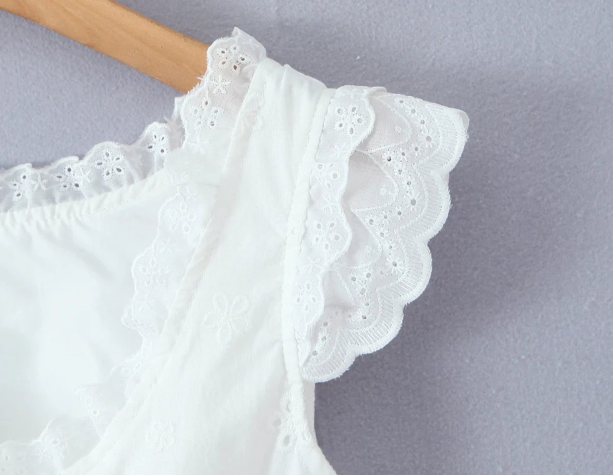 LIZAKOSHT  - Sweet White Embroidery Hollo out Hole Spliced Lace Crop Tank Women Summer Single-Breasted Buttons Slim Tank Tops Short Vest