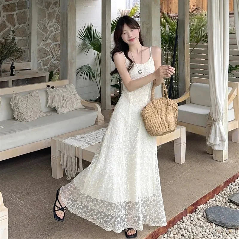 LIZAKOSHT  -  Adjustable Strap Embroidered Dress Women White Sweet Slim Blackless Camis Dress Sexy Off Shoulder Vacation Beach Party Vestidos