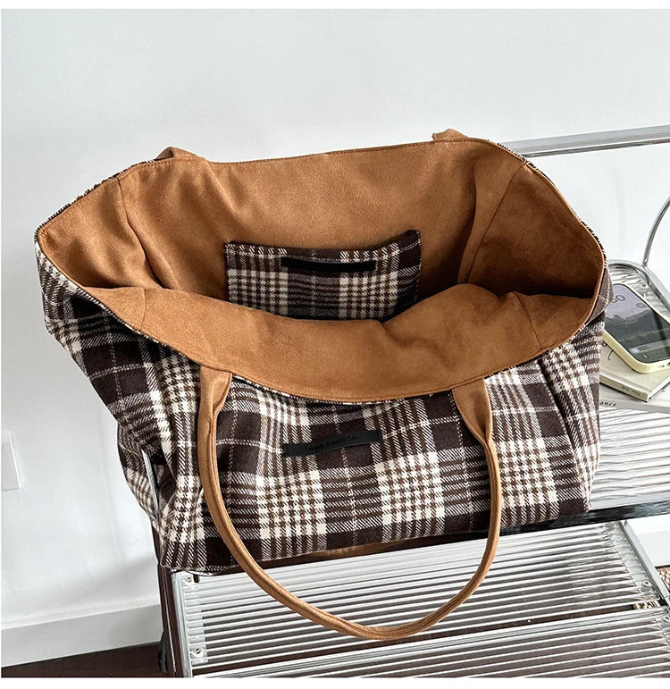 LIZAKOSHT  -  Autumn and Winter Woolen Plaid Shoulder Bag Double Sided Use Handbag Large Capacity Tote Bags For Women