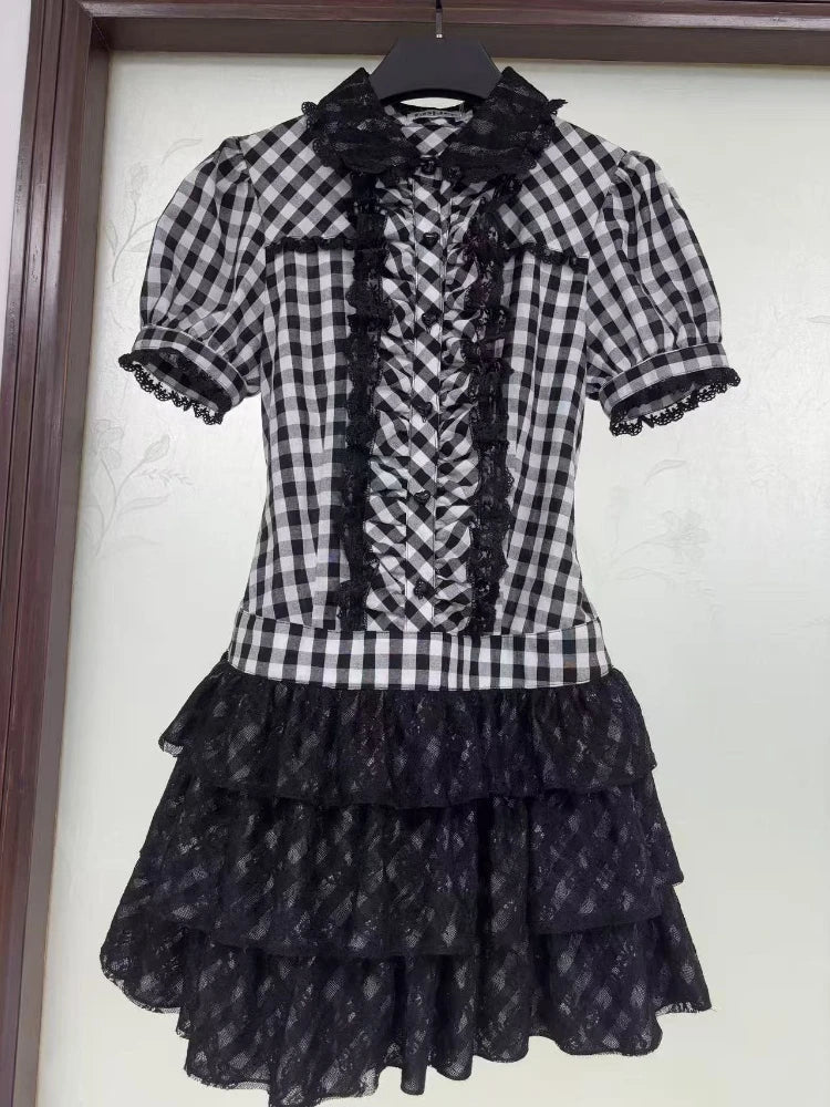 LIZAKOSHT  -  Vintage Design Black Plaid Dress Women's Summer Hot Girl Lapel Short Sleeve Shirt Dresses Fashion Hepburn Slim Thin New Outfits