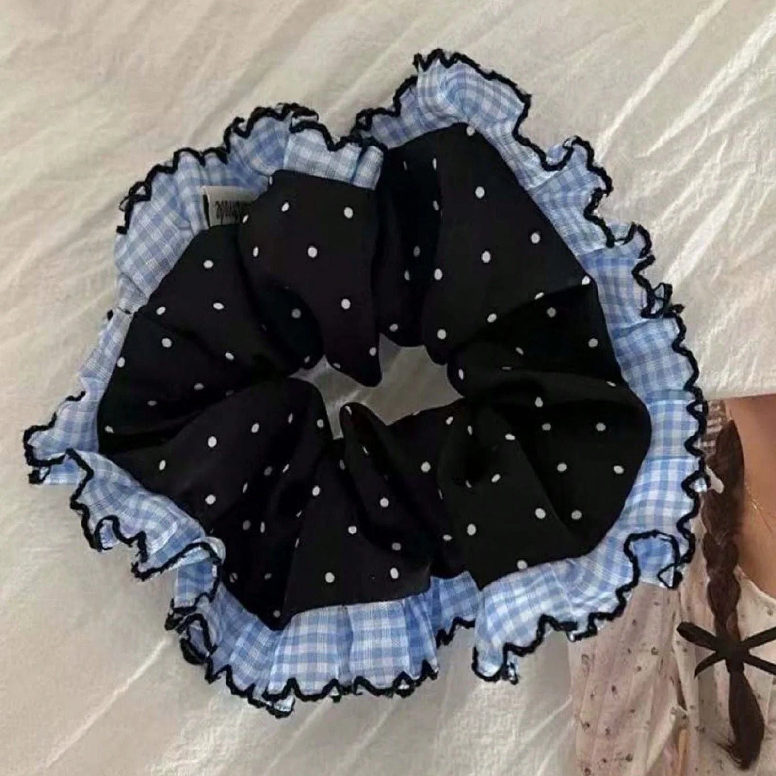 LIZAKOSHT  -  1PC Artistic-Style Blue Plaid & Polka Dot Lace Hair Scrunchie, Black Polka Dot Hair Scrunchie/Hair Tie/Hair Elastic for Top Knot