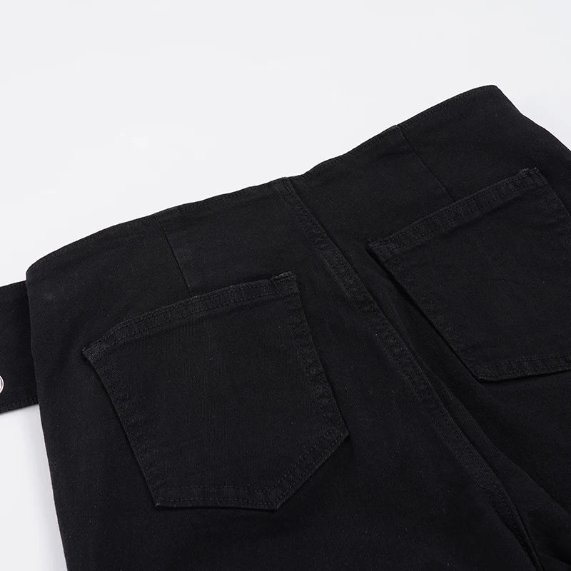 LIZAKOSHT  -  Y2k Heavy Duty Eyelet Belt Flared Jeans Punk Grunge Low-Waist Slim Skinny Denim Trousers Aesthetic 2000s Pants Fashion