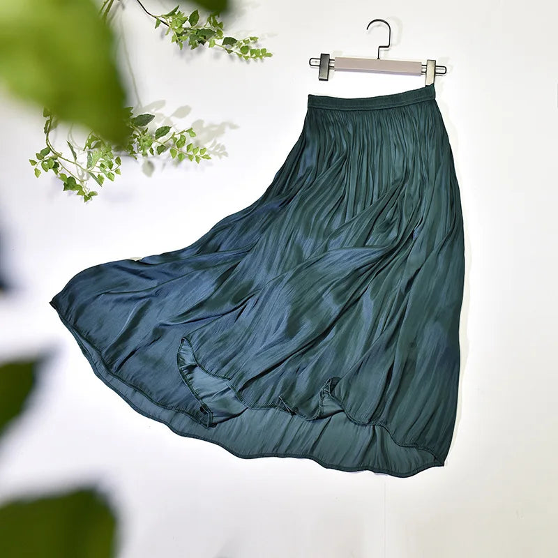 LIZAKOSHT  -  Summer Silky Elastic High Waist Glossy Silky Long Skirt Milk Silk A-line Long Skirts Women Beach Pearlescent Dress