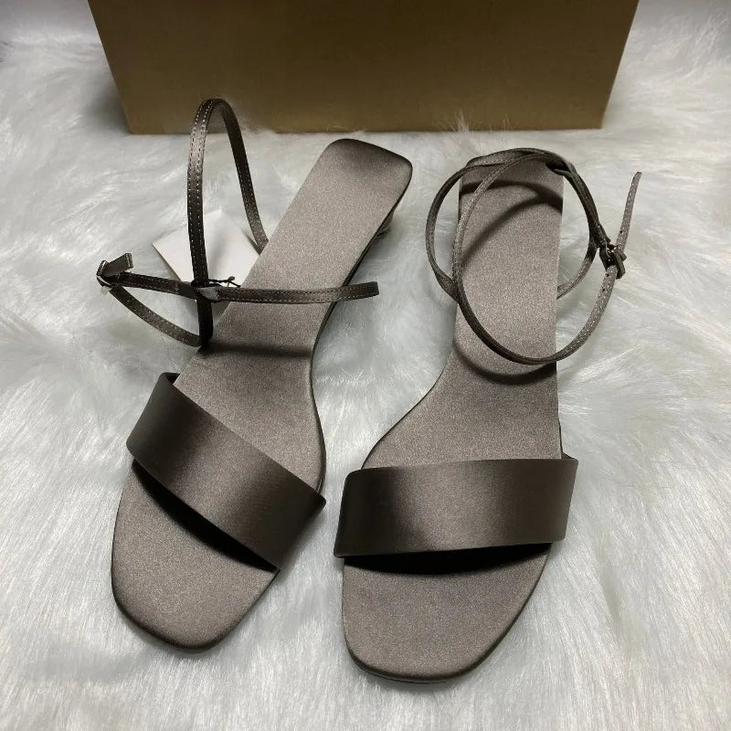 LIZAKOSHT  -  Luxury Satin Ankle Strap Low Heels Women Modern Sandals Summer Elegant Open Toe Brand Designer Large Size Female Office Shoes