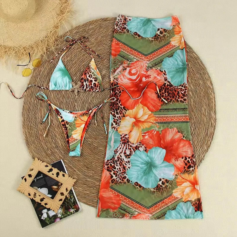 LIZAKOSHT  -  Sexy 3 Piece Set Swimsuit 2025 Bohemian Backless Halter Cropped Top Side Drawstring+Cover Up Skirt Beachwear Women Print Clothes