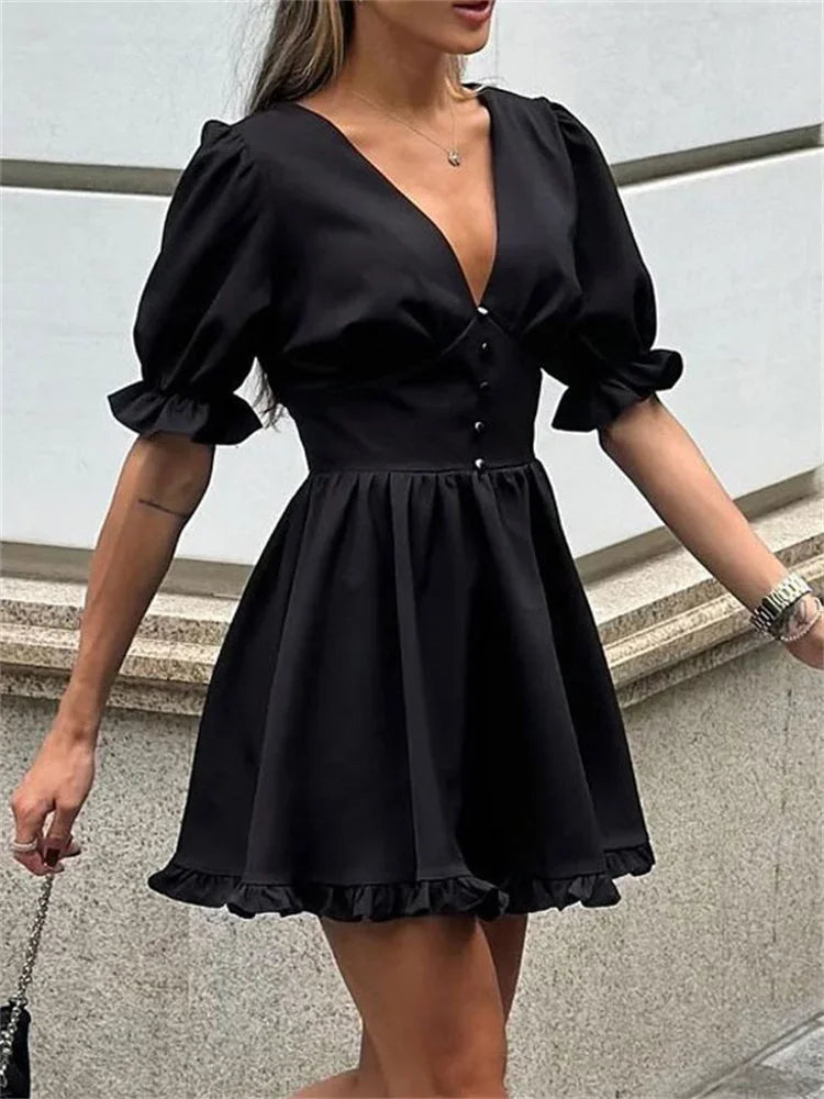 LIZAKOSHT  -  Summer Black V-Neck Mini Dress For Women Ruffled High Waist Slim Commute Elegant Party Dress Female Solid Bodycon Dress