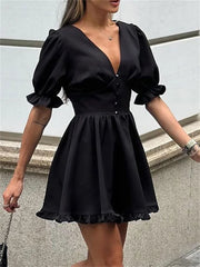 LIZAKOSHT  -  Summer Black V-Neck Mini Dress For Women Ruffled High Waist Slim Commute Elegant Party Dress Female Solid Bodycon Dress