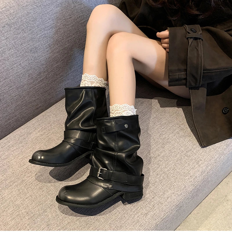 LIZAKOSHT  -  Autumn Winter Women Western Ankle Boots Fashion Belt Buckle Thick Heel Shoes Ladies Elegant Party Dress Short Booties