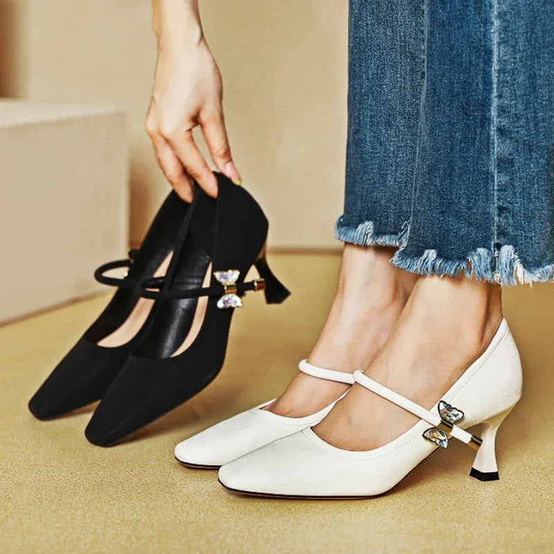 LIZAKOSHT  -  Fashion Elegant High Heels for Women Square Toe Thin Heels Office Shoes Fashion Shallow Diamond Bow Mary Jane Shoes Women Pumps