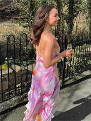 LIZAKOSHT  -  Summer Floral Print V-Neck Camisole Long Dress Vacation Clothing For Woman 2024 Backless Bandage Irregular Cocktail Dress