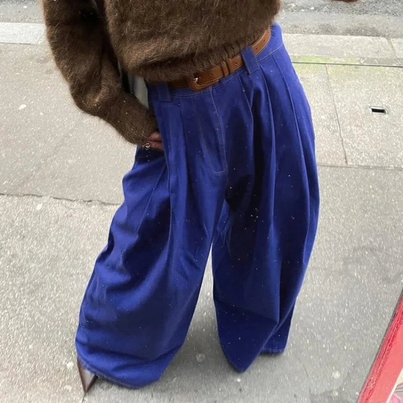 LIZAKOSHT  -  Stylish Street American Double Pocket Blue Trousers Women's Loose Straight Wide Leg Pants