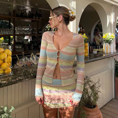 LIZAKOSHT  -  Y2K Knit Coords Set Women's Sheer Cardigan with Matching Mini Skirt Sweet Sexy Lounge Dress Outfit Bodycon Mini Skirts