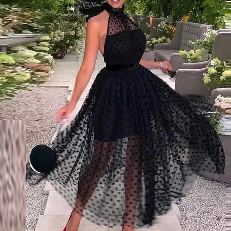 LIZAKOSHT  -  Elegant Female Night Party Hater Long Dress Fashion Polka Dot Slim Transparent Dress Women Sexy Halter Sleeveless A-line Dress