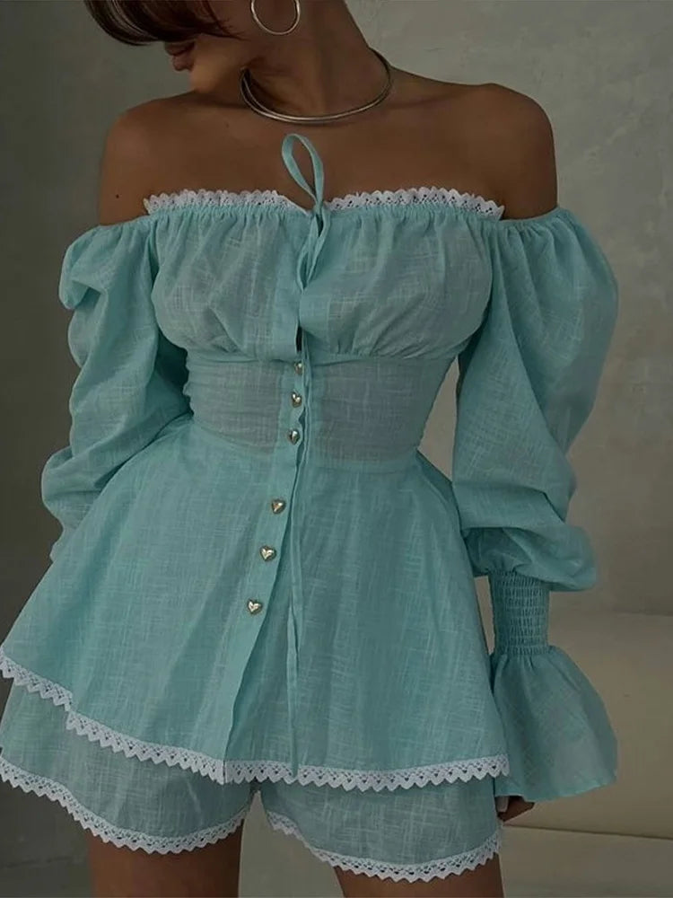 LIZAKOSHT  -  Sexy Ruffles Shorts Sets Women Spiced Slash Neck Waist Up Flare Sleeve Lace Up Top Short Pants 2025 Summer Lady New in Suits