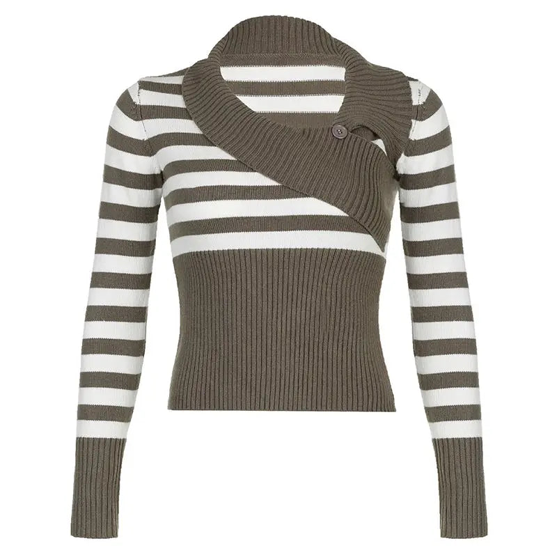 LIZAKOSHT  -  Sweater Contrast Striped Diagonal Collar American Retro Female Slim Slim Hot Girl Sweater Short Coat Tide