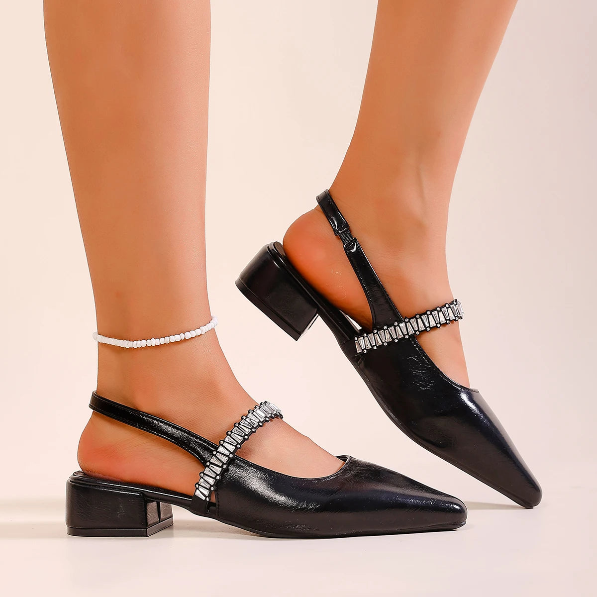 LIZAKOSHT  -  Pointed toe women's single shoes square heel rhinestone back elastic fashion and elegant holiday formal banquet women's shoes