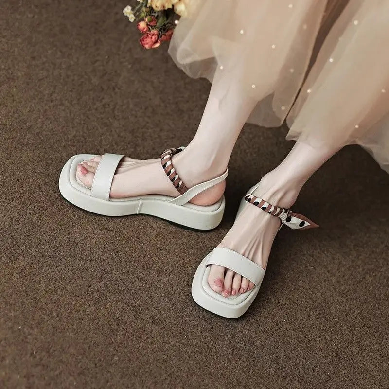 LIZAKOSHT  -  Footwear Wedge Platform Waterproof Summer One Word Sandals for Women Beige Ladies Shoes Office Work with Medium Heels Sale
