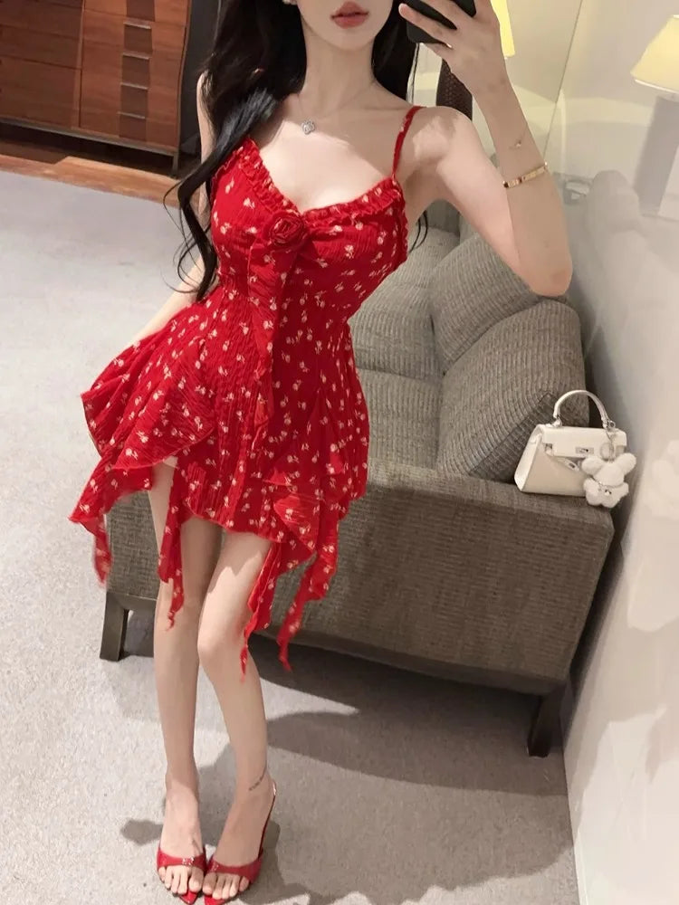 LIZAKOSHT  -  Camis Sexy Floral Printed Irregular Ruffles Slim Patchwork Flowers Vintage Summer Fashion Sweet Tank Tops Ladies Casual