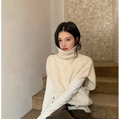LIZAKOSHT  -  Women Funnel-Neck Knitted Vest Solid Autumn Casual with A Belt Sleeveless Sweater Elegant Woman Vintage Knitwear Waistcoat