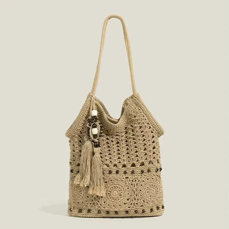 LIZAKOSHT  -  Fashion Women's Handbag with Wooden Bead Tassel One Shoulder Bag Cotton Woven Design Zipper Closure Totes